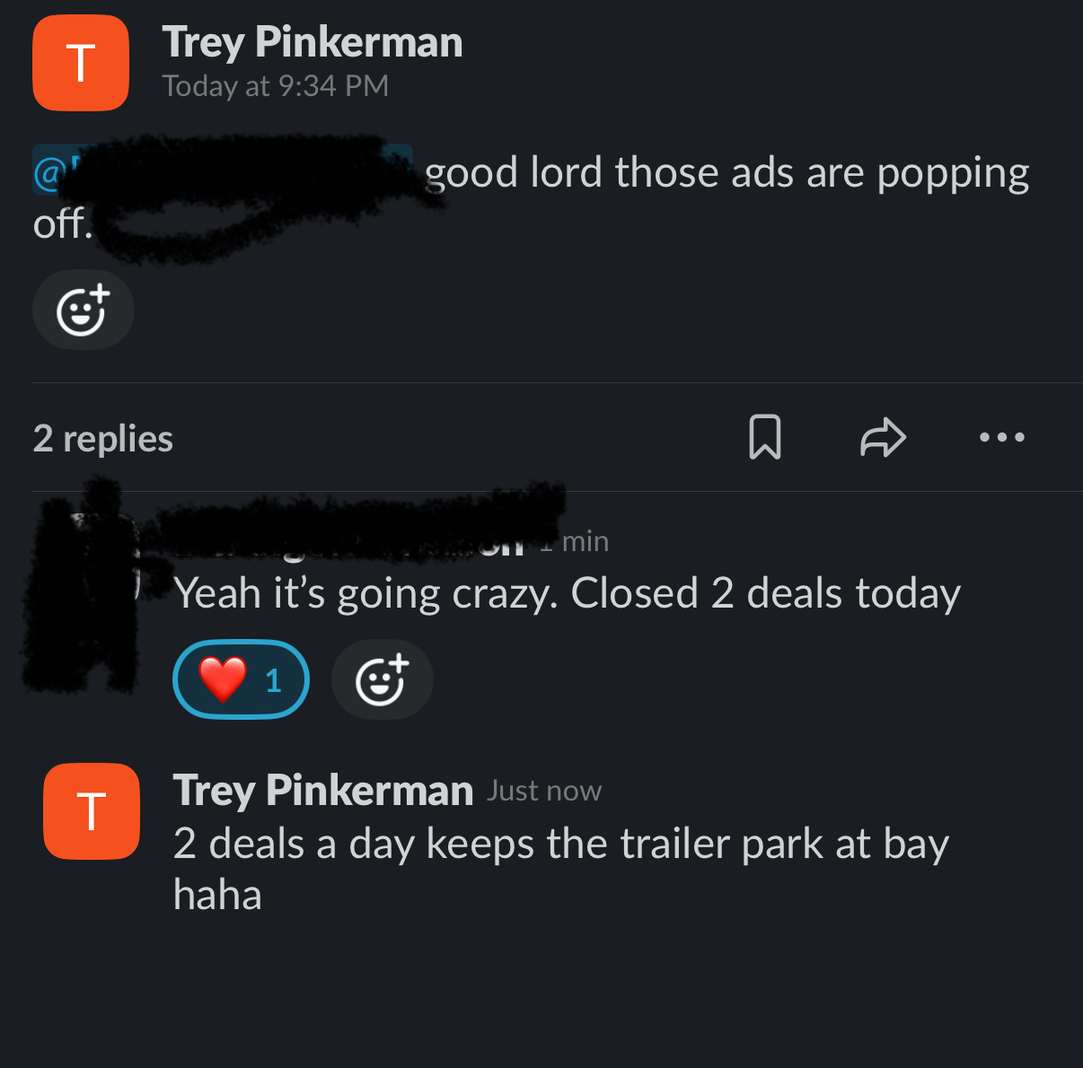 Slack thread: ads popping off, closed 2 deals today