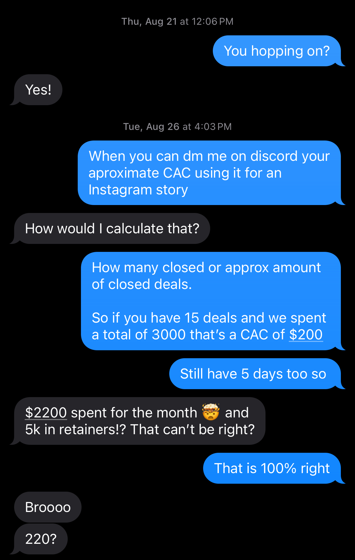 Text thread: 2,200 in ad spend produced 5k in retainers