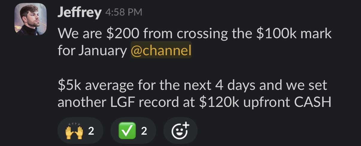 Slack message: 200 dollars from crossing 100k for January