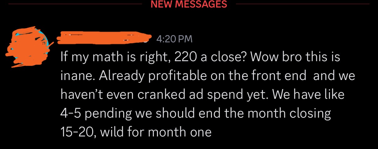 Client message: 220 a close, already profitable on the front end