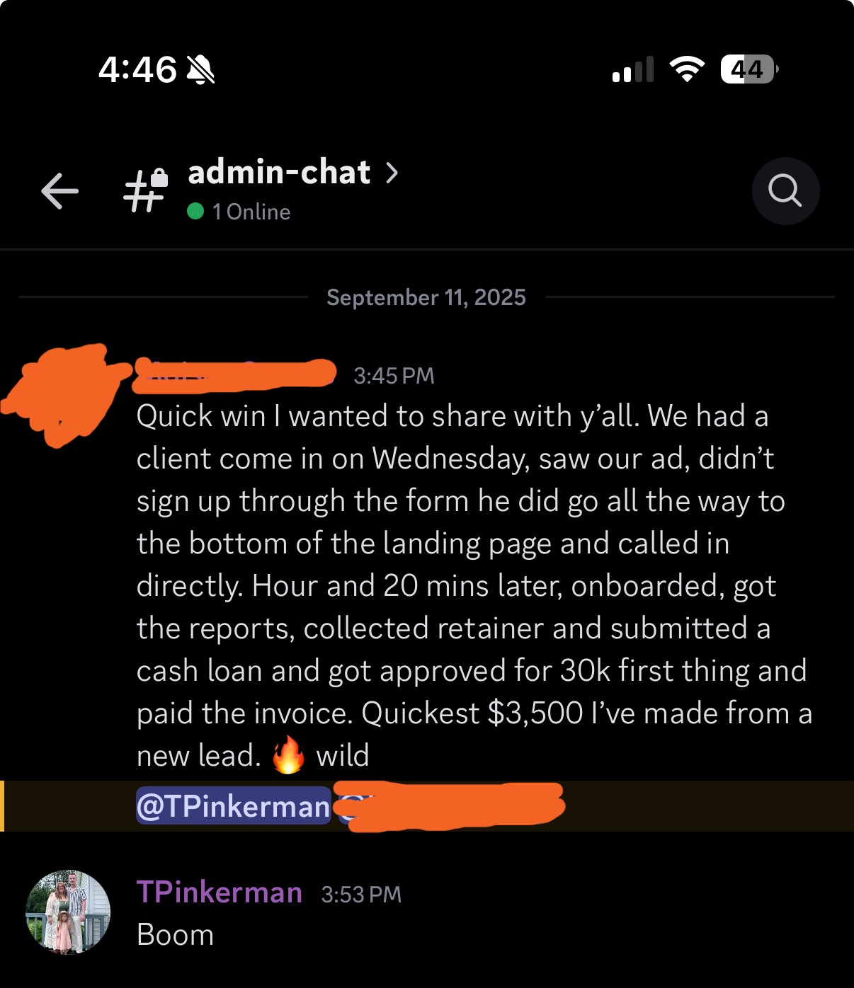 Admin chat win: lead called in, onboarded and 30k approval within 90 minutes