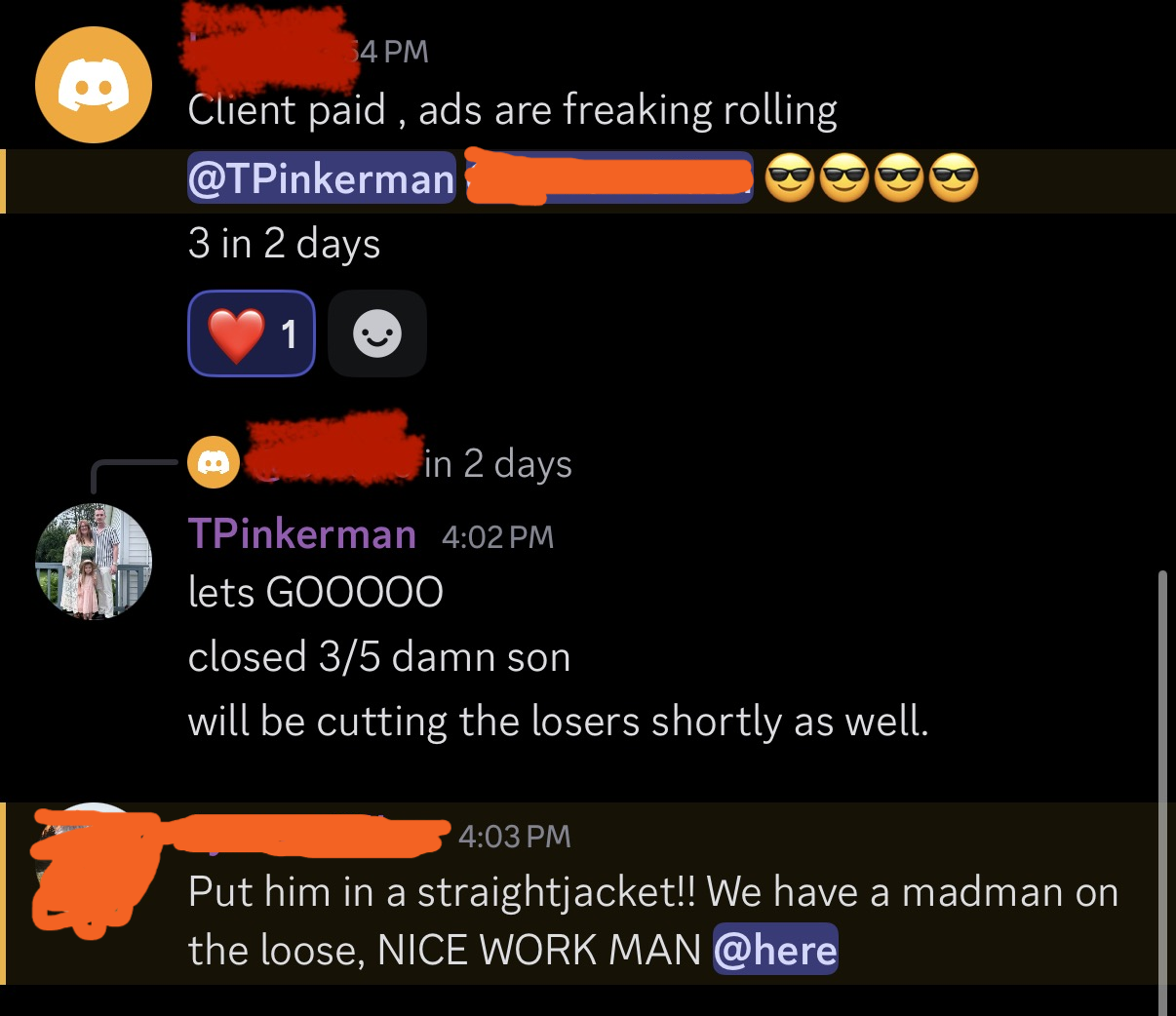 Discord thread: client paid, closed 3 of 5 in two days