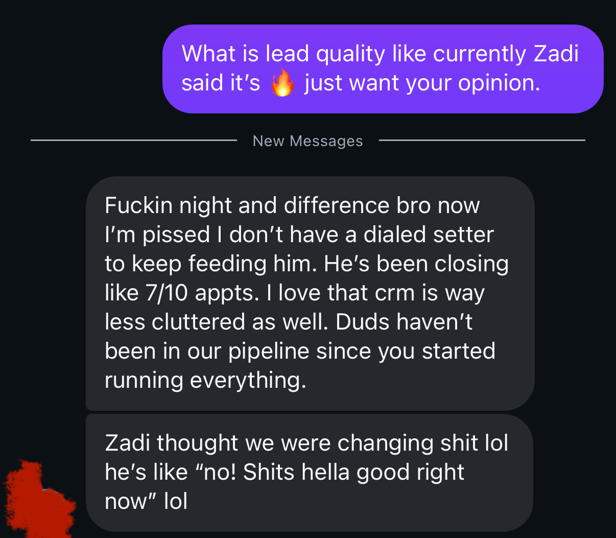 Client message about lead quality and closing 7 of 10 appointments